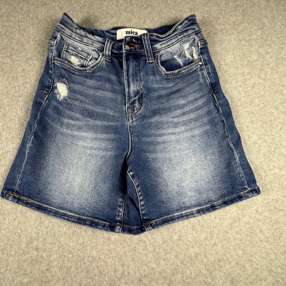 Mica Denim High Waisted Distressed Jean Shorts Medium Wash XS MDP-H219DK
